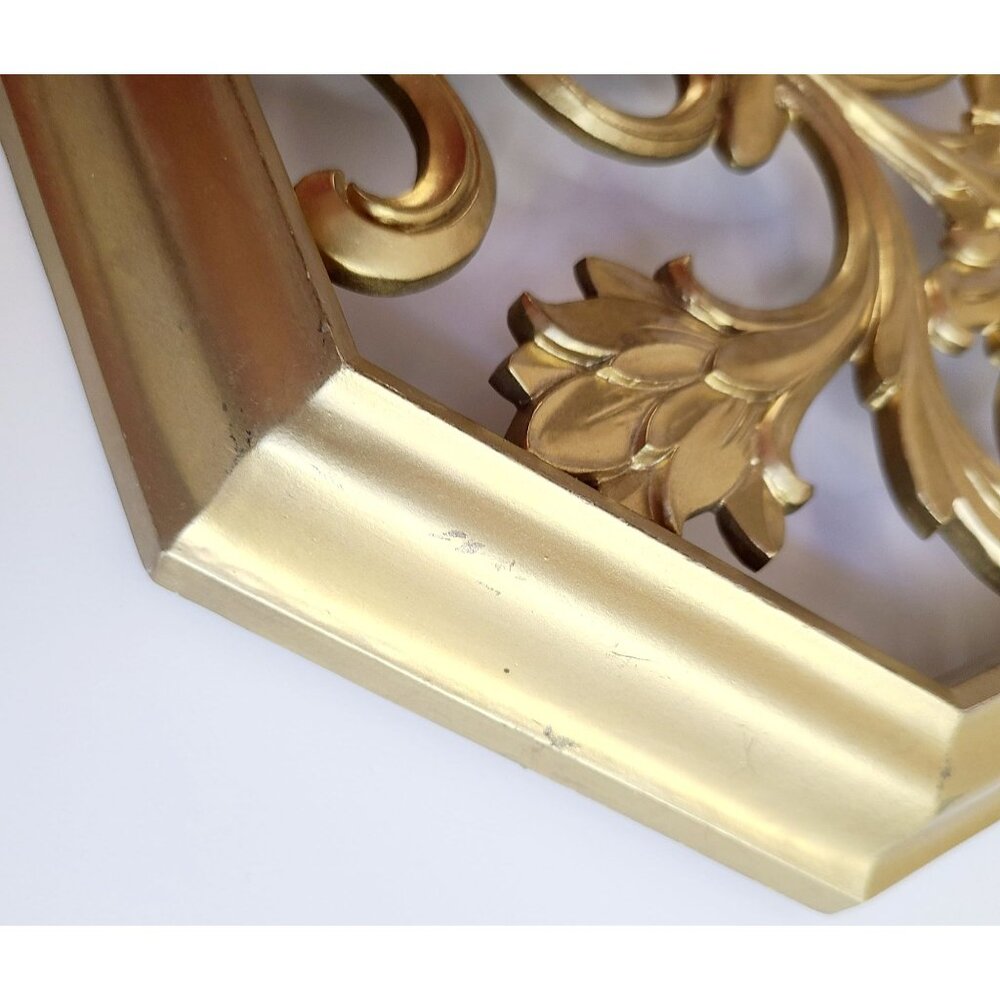 Vtg MCM Syroco Gold Octagonal Wall Art Plaques Decor Set Of 2 Floral Vase Design - Picture 5 of 14